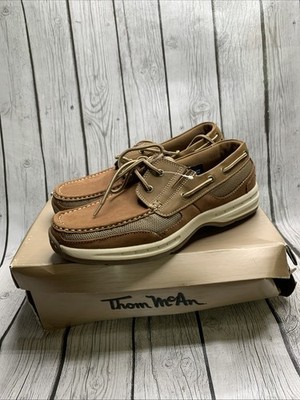 Thom McAn Men s Boat Shoes Brown Leather Mesh Lace Up Deck Shoes Size 9