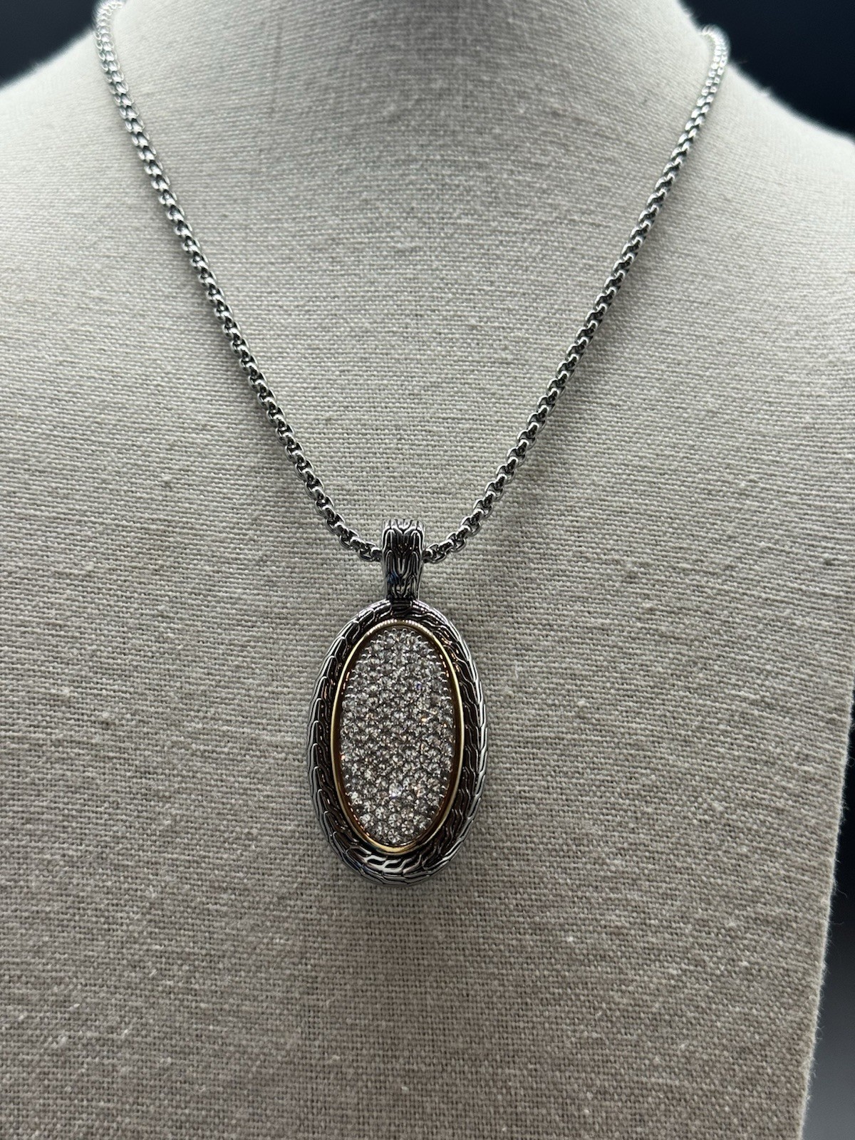 Pave CZ Oval Pendant Necklace in Silver Tone with 16-18 Inch Adjustable Chain by Park Lane