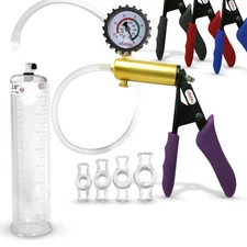 LeLuv ULTIMA Penis Pump | Red/Pink Silicone Grips | Choose Cylinder + 4 Rings 
