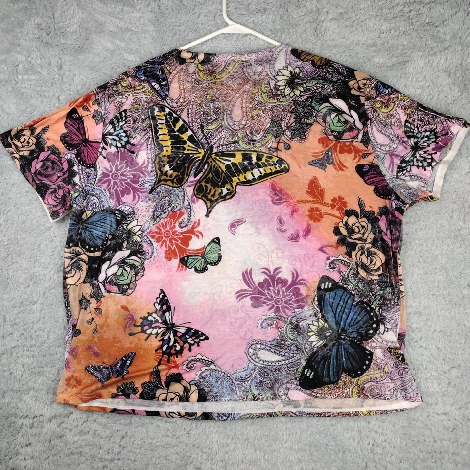 Top Lisa International Para Mujer 2X Embellecido Boho Coloridas Mariposas Flores Foto 3 de 4