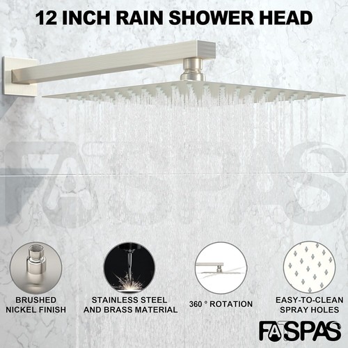 Fatspas 12" Shower Faucet Set, Rainfall Shower System with Square Fixed Head - Picture 2 of 11