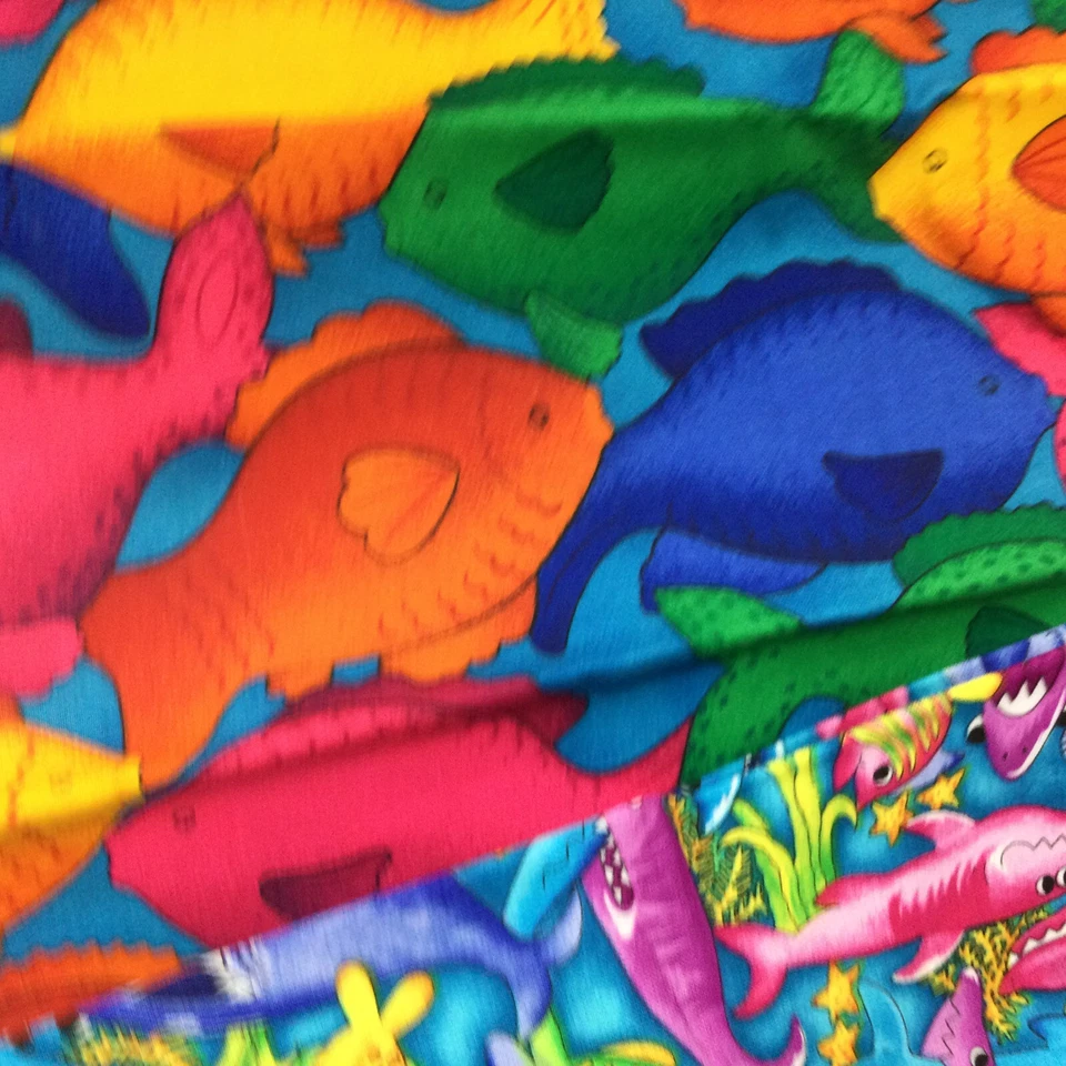 Cotton Fabrics Blue Pink Yellow Fish Whale Shark Ocean Kids Room Pillows Bedding - Image 3 of 4