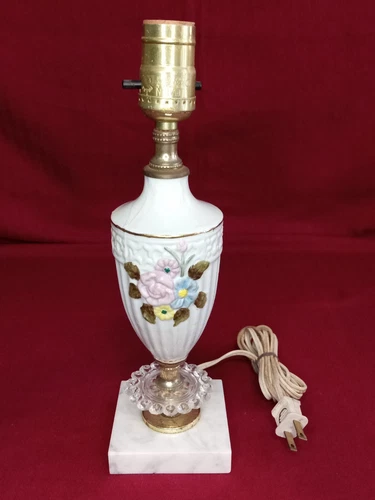 12" Vintage Ceramic Hand Painted Lamp Gold Gilded Marble Base Flower Motif --