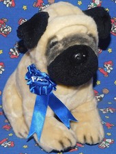 FAO Schwartz Pug Dog Plush Blue Ribbon Winner Brown Black 11" Long Stuffed Toy R