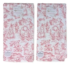 Set of 2 Pink Toile GARDEN BUNNY Terry Kitchen Towels by Kay Dee Designs