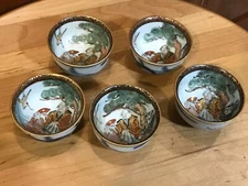 5 Exquisite Oriental Hand Painted Scene Salt Dips Cellars  Flow Blue Outside 2"