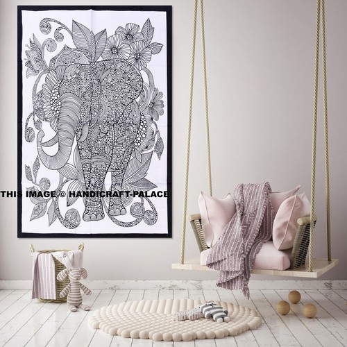 Indian Elephant Mandala Wall Hanging Tapestry Black White Hippie Dorm ...