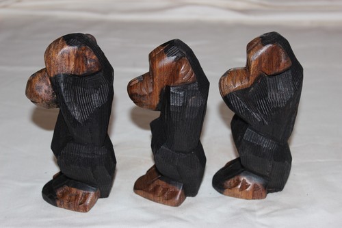 African Art Hand Carved 3 Wise Monkeys See Hear Speak No Evil Vintage Figurines - Picture 4 of 5