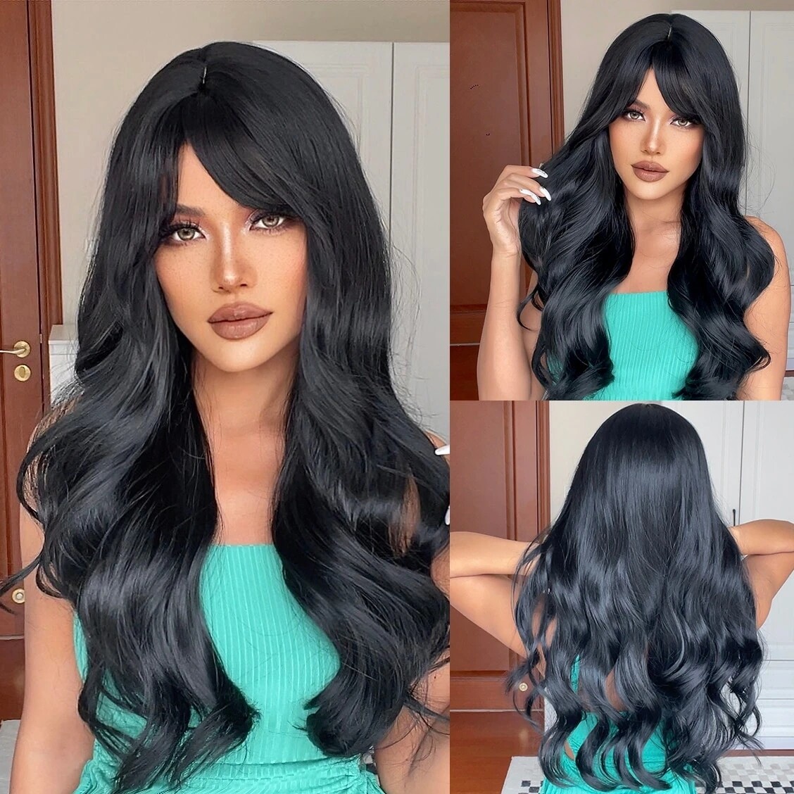 Long Wavy Black Synthetic Wigs Heat Safe No Lace Wig  display picture 1