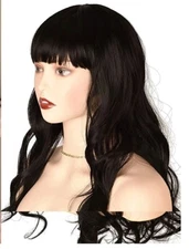 Smilco  24" Wig Black Wavy Bangs Synthetic Long Heat Resistant