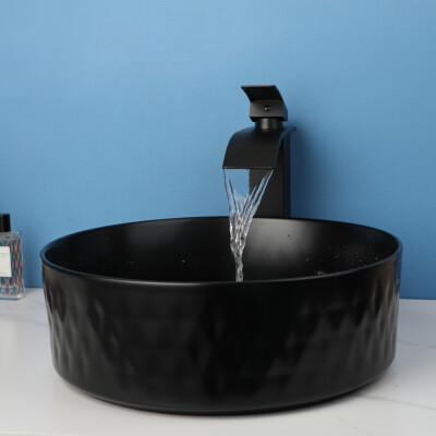 Black Bathroom Ceramic Vessel Sink 15'' Round Basin Bowl Sinks Combo Faucet Drain