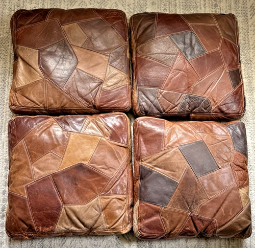 Lot of 4 Vintage Patchwork Leather Cushions with inserts