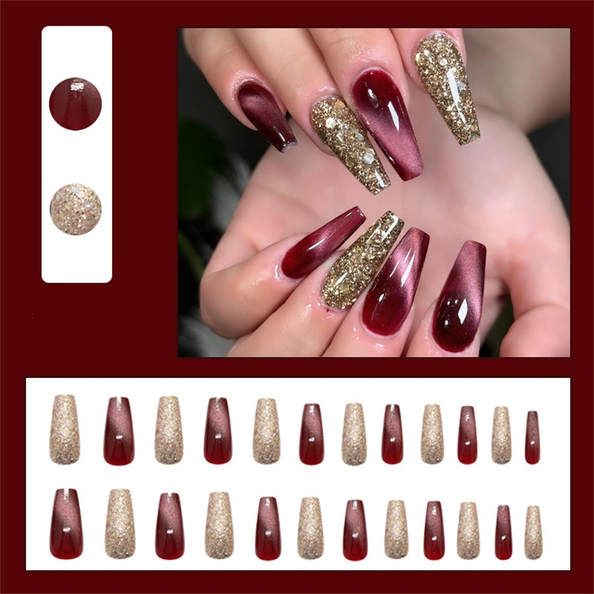 Glitzer-Press-On-Nägel – Champagner Katzenauge Mit Strass, Inkl. Klebeetiketten