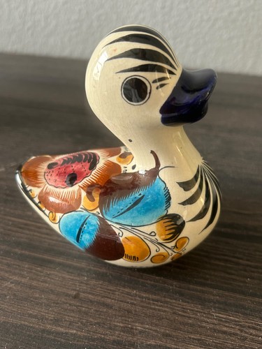 Anatra ceramica artistica messicana dipinta a mano, firmata HL, disegno floreale, arte popolare, 4,5" - Foto 3 di 8
