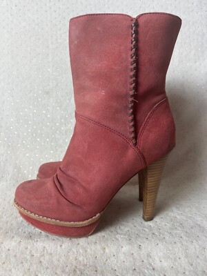 UGG Women Bianka Boot High Heel Red Suede Sherpa Shearling Platform 1002067 7.5