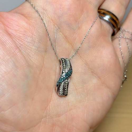 Estate 14K White Gold Cognac, Blue, White Brilliant Cut Diamond Pendant 0.38 Cts - Video 1 of 1