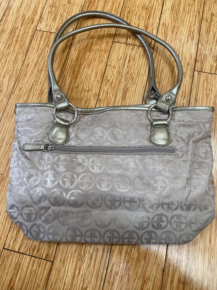 Bolso de Mano Giani Bernini Plata Tostado Logo Lona Impermeable Cuero Borde Foto 2 de 4