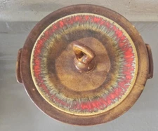 California Pottery Casserole Dish 852 Drip Brown with Green/Red Orange