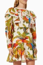 Farm Rio Tropical Birds Mini Dress Small Boho Ruffle Sleeve 100% Cotton