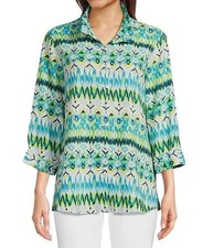 Clearance Plus 1X Ali Miles Printed Linen Button Front Shirt 3/4 Cuffed Sleeve