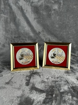 Vintage Framed Art Of Chokin Peacock Plaques Square Japenese Wall Or Desktop