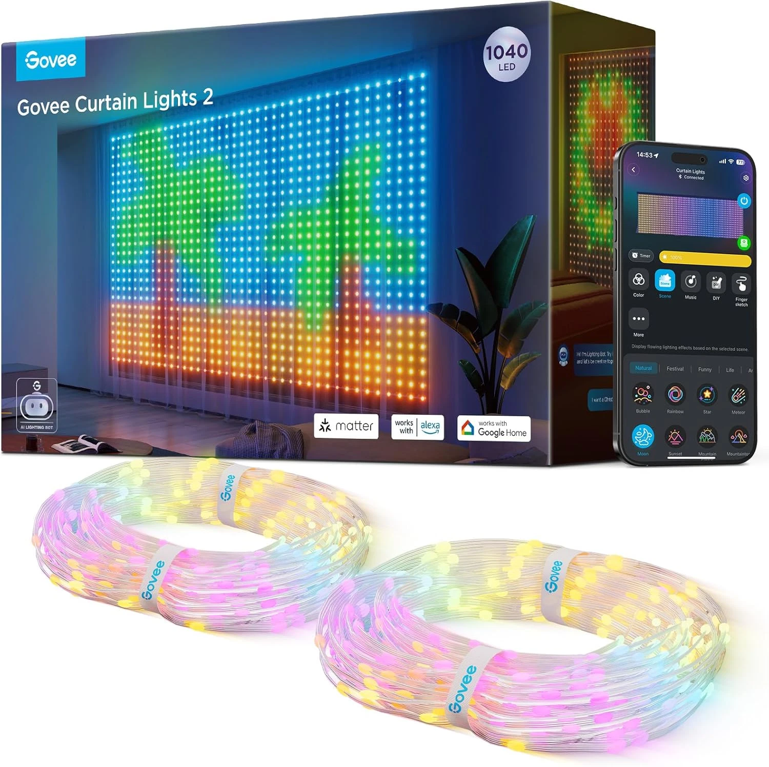Smart LED Curtain Lights, 1040 RGBIC Color Changing Holiday Decor, 9.8x6.6Ft