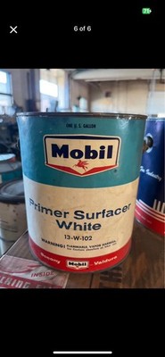 Mobil Primer Surfacer White Paint Can Collectible Advertising Blue Red Gas & Oil