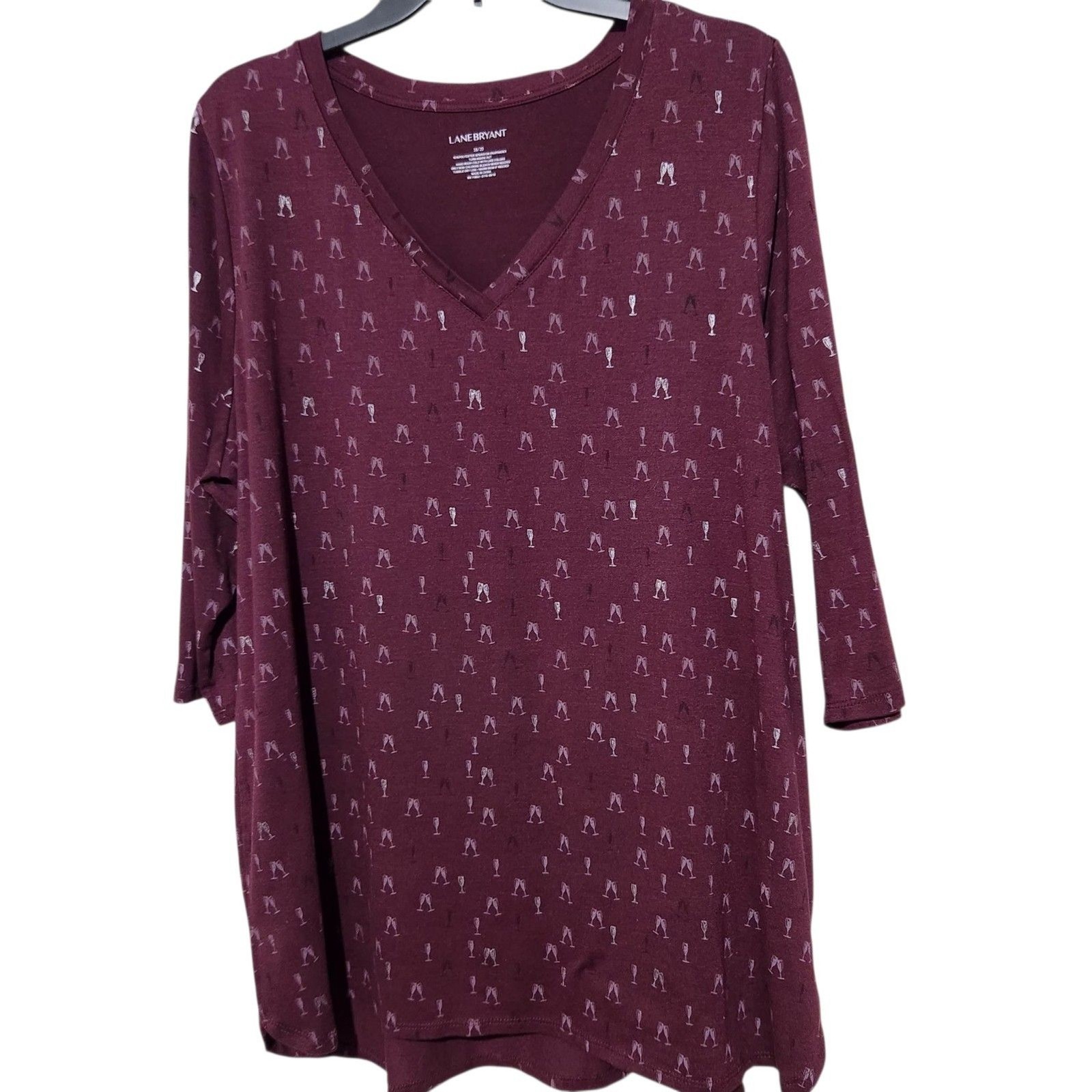 Lane Bryant Tunic Top Size 18-20 Purple Wine Glass Print 3/4 Sleeve.