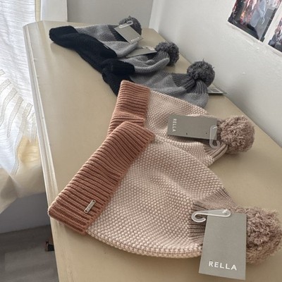 RELLA Knit Pom-Pom Beanie Hat Women One Size Gray/Black Colorblock Winter