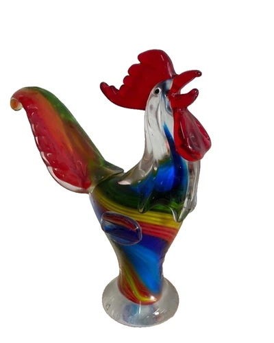 Murano Style Rainbow Color Rooster Glass Sculpture 11.5"×9"×4". Good Condition.