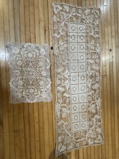 Vintage 2pc Ivory Hand-Crocheted Filet Lace Runner Rectangular 38x13   14x10  