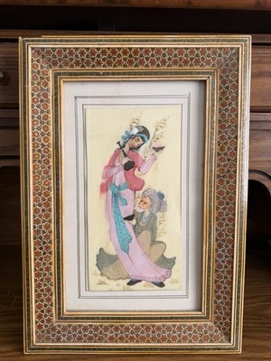 Signed Persian Miniature Painting on Bone Panel in Khatam Frame 13  Qajar Style