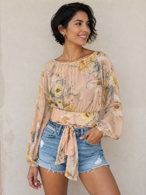 H&M Women's Sheer Floral Chiffon Long Sleeve Tie-Front BlouseM53JC