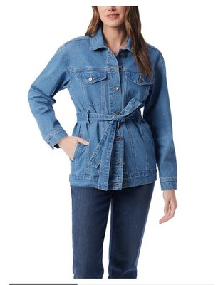 NWT Gloria Vanderbilt Belted Denim Jacket Womens M Blue Jean Coat Utility Cargo