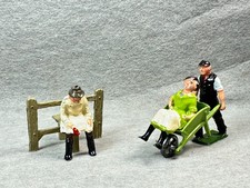 Group of 5 Britains Johillco Metal Farm pcs: farmers, wheelbarrow, fence seat