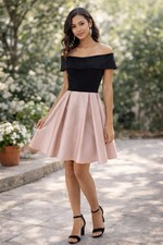 Betsy & Adam Black Pink Satin Fit & Flare Off Shoulder Cocktail  Pleated Dress 4