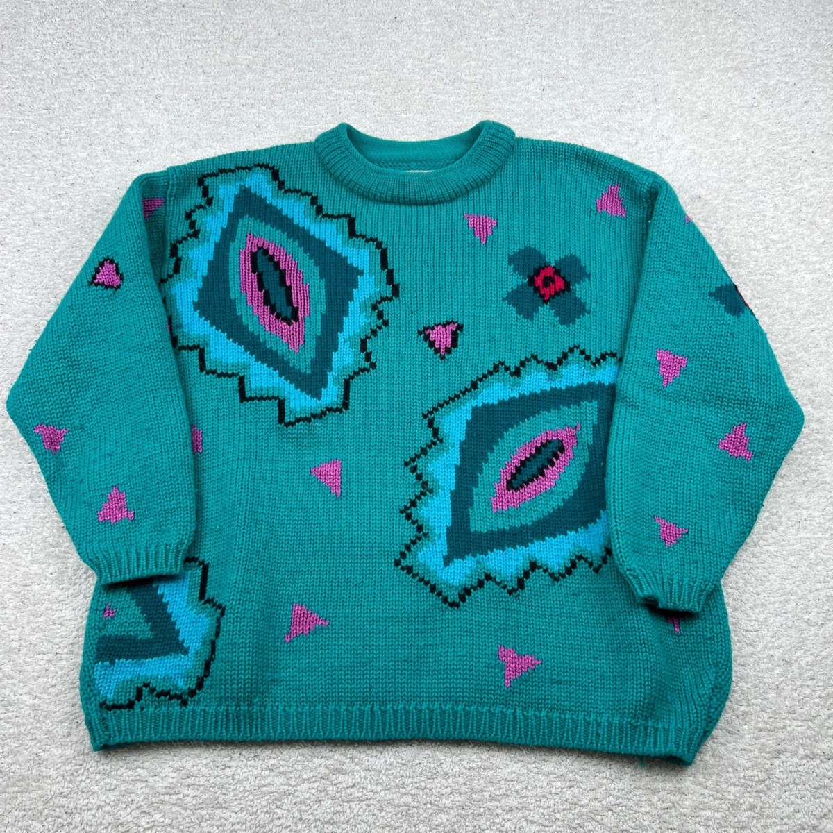 Vintage Esprit Teal Geometric Knit Sweater Womens Medium 80s 90s