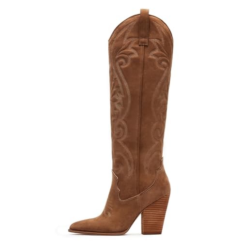 Knee High Cowboy Boots for Women Pointed Toe Chunky High Heels Pull-on - Bild 2 von 7