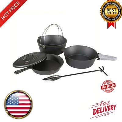 6 Pieces Cast Iron Camping Mess Kits Cookware Sets Dutch Oven Fry Pan Frying
