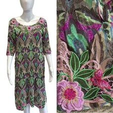 VTG Floral Applique  Embroidered Midi Dress Size Small High Side Slits Fairycore