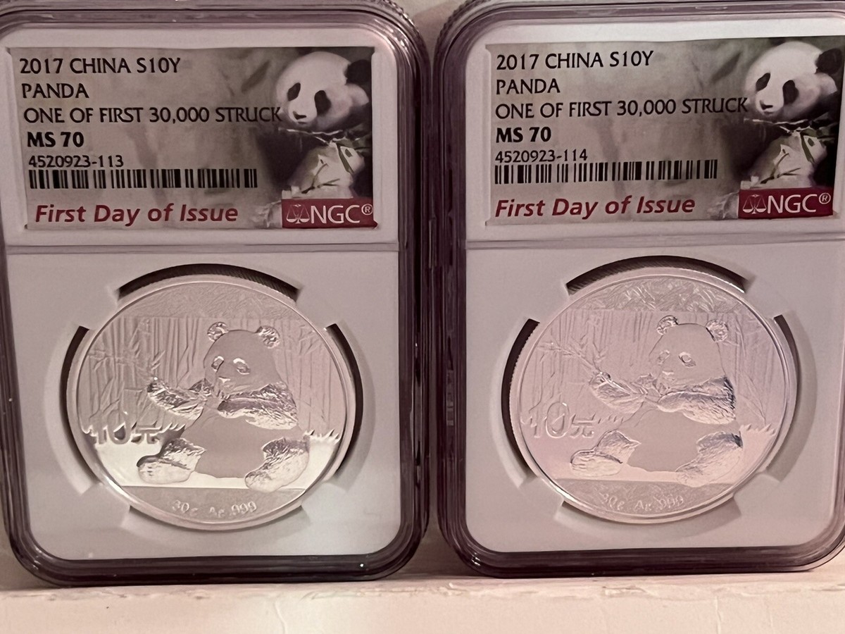 2) 2017 1oz SILVER CHINA PANDA S10Y NGC MS70 FDI. NGC