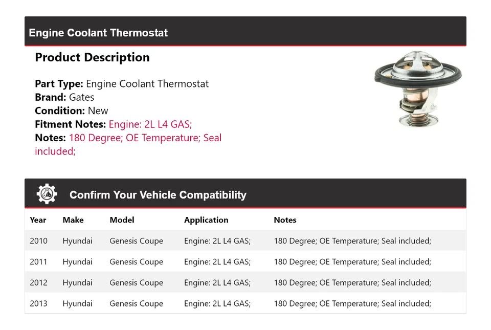 Para Hyundai Genesis 2010-2013 cupé 2L L4 motor gas refrigerante termostato puertas Foto 2 de 4