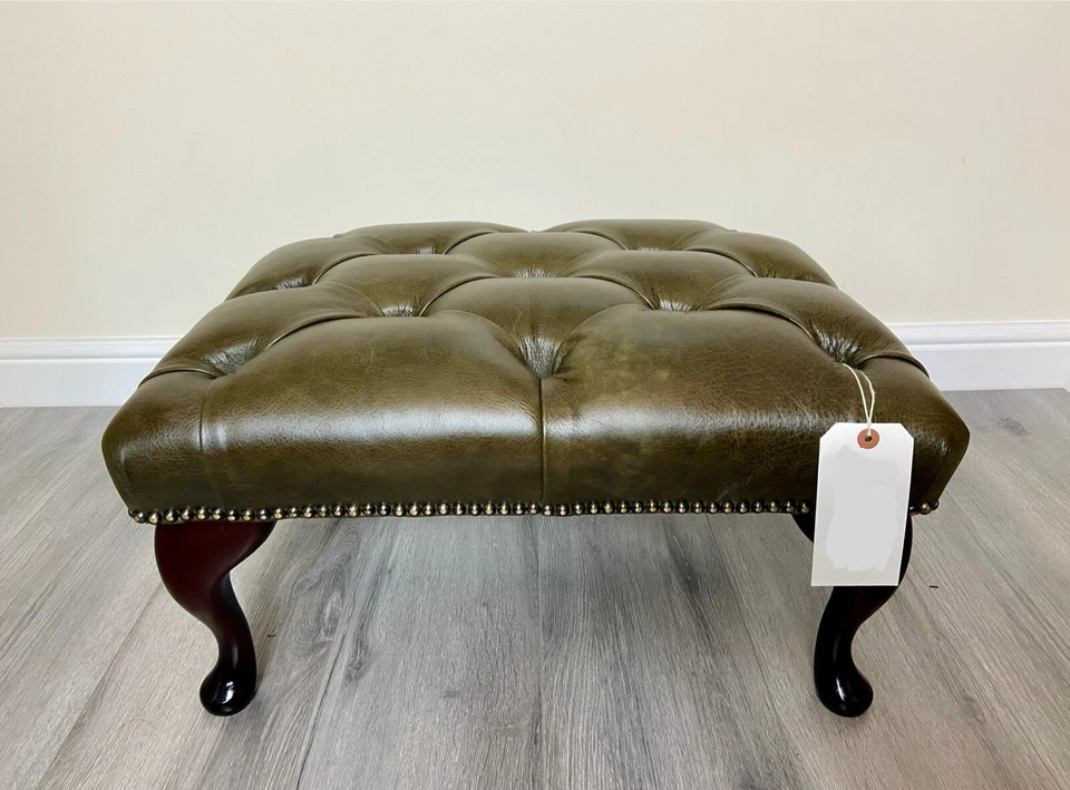 Chesterfield Queen Anne Button Green Genuine Leather Footstool - Image 2 of 4