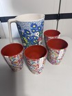 Anthropologie Sara Campbell Retro Pitcher Blue Floral Garden Bamboo & 4 Cups
