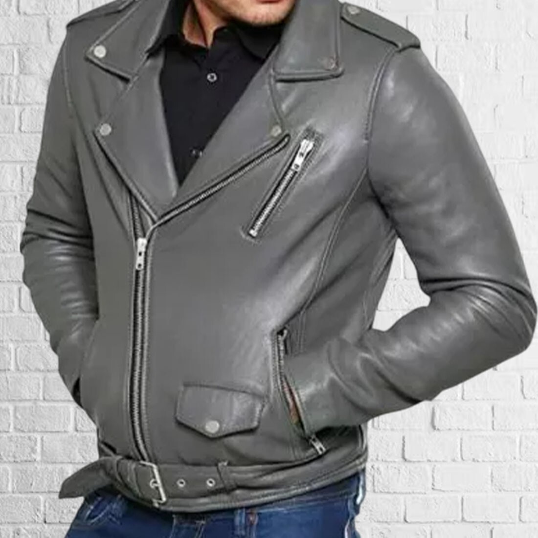 New Men's Genuine Gray Lambskin Leather Slim Fit Biker Motorcycle Jacket For Men