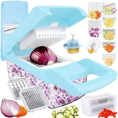 Pro-Series 16-in-1 Vegetable Chopper, Dewpeton Mandoline 8 Blades, Blue