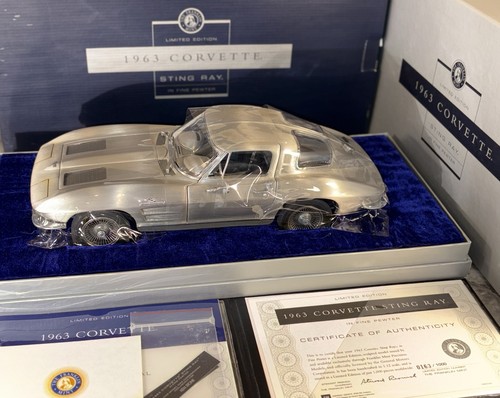 RARE 1:12 1963 PEWTER SILVER CORVETTE COA BOX FRANKLIN MINT LE #0163/1000 USA