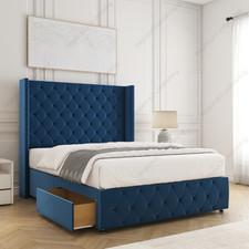 DIVAN WINGED STORAGE BED CHESTERFIELD PLUSH VELVET HEADBOARD DRAWERS & MATTRESS