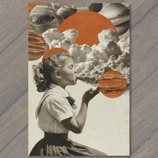 Art Print Surreal Girl Cloud Blow Planets Orange Saturn Whimsy Retro Look