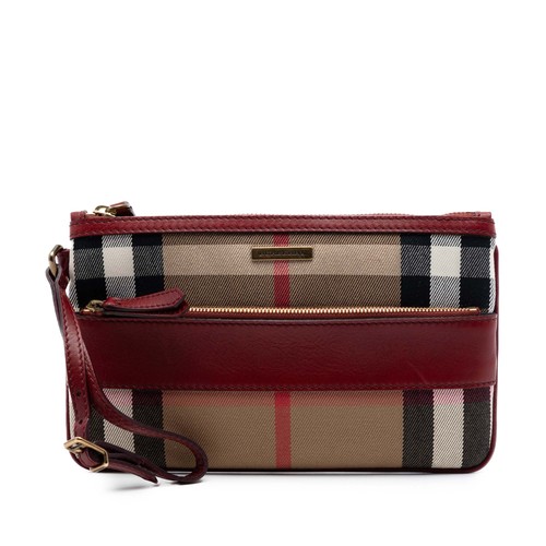 Burberry House Check Canvas Wristlet Clutch Pre-Loved Dark Red